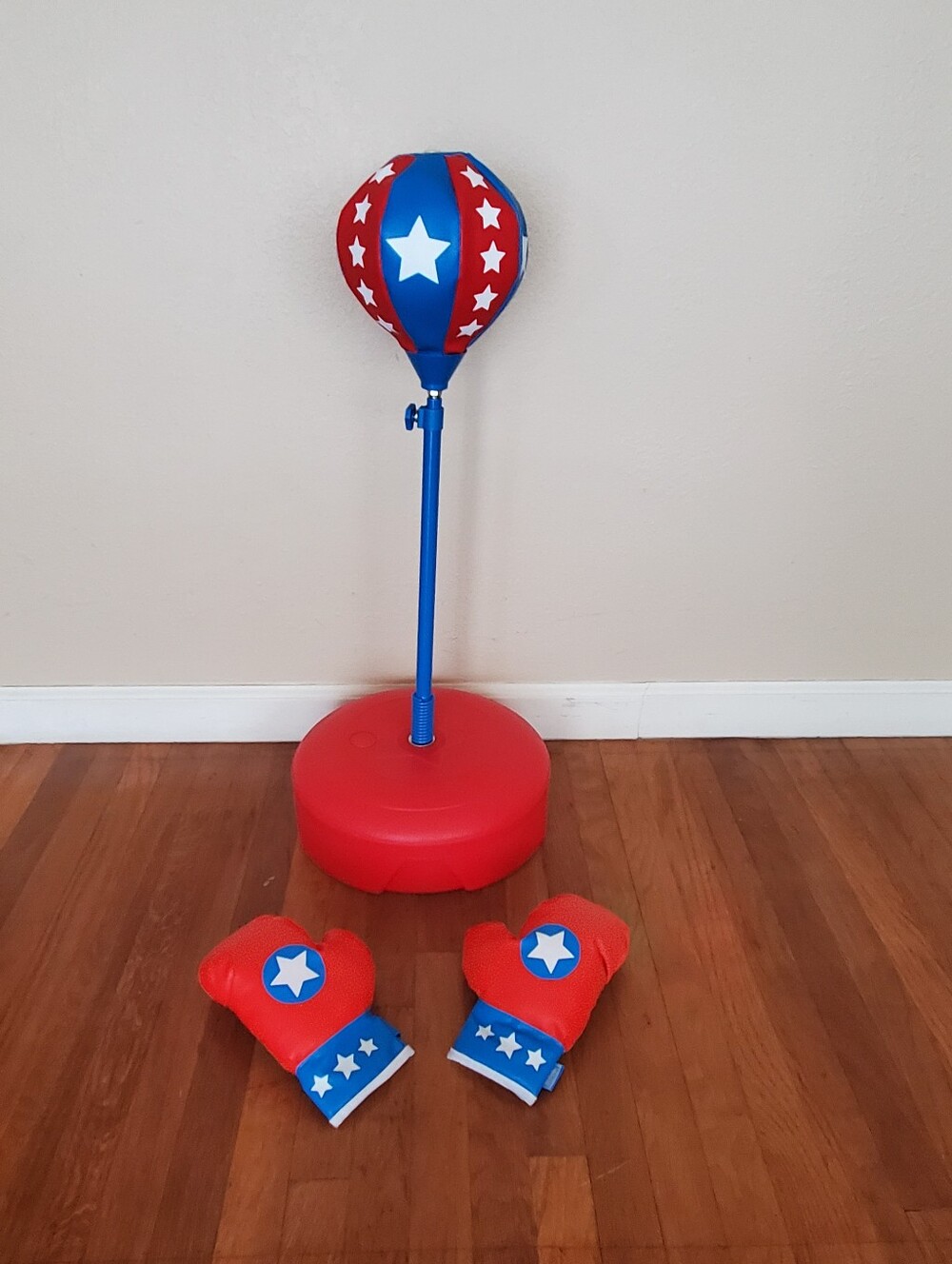 Klevly kid's blue red white free standing adjustable height punching bag set